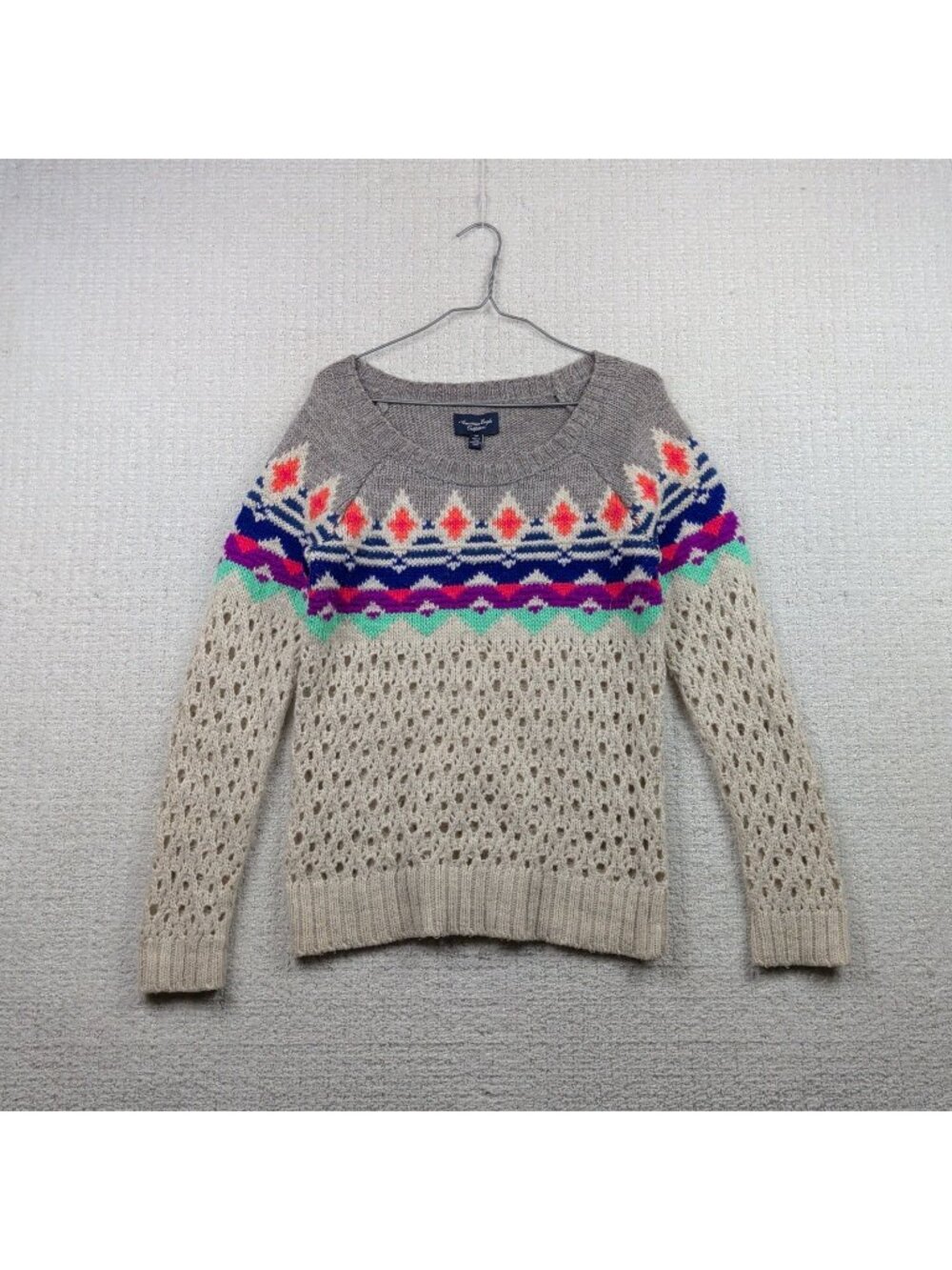 Y2K American Eagle Outfitters Wom Sz S Fair Isle Pointelle Knit Sweater Boho Alt